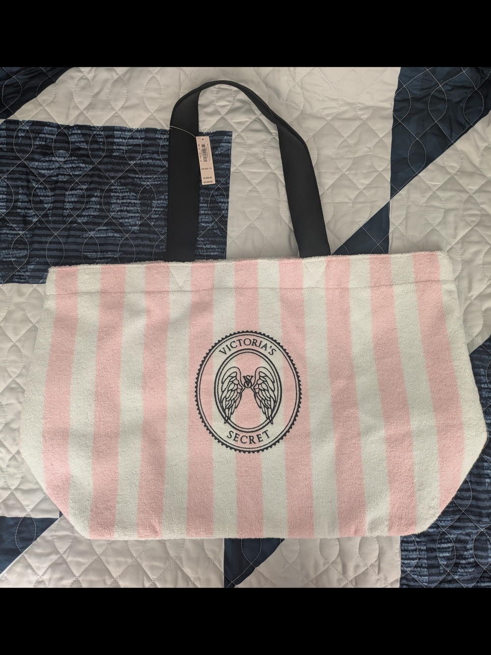 Victoria's Secret Pink and White Striped Tote with Black Handles